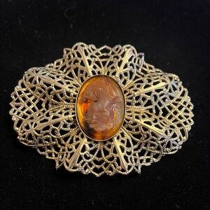 Elegant Gold Filigree Cameo Brooch